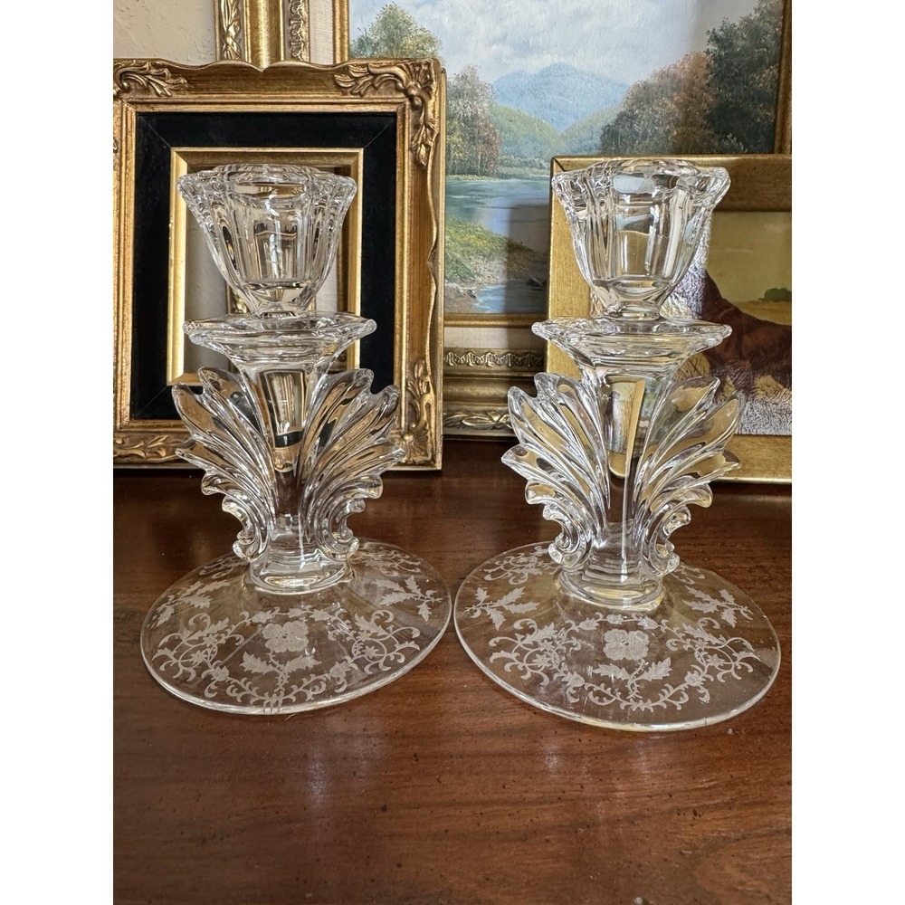 Pair Vintage Fostoria Navarre Etched Crystal Candlesticks Baroque Candle Holders